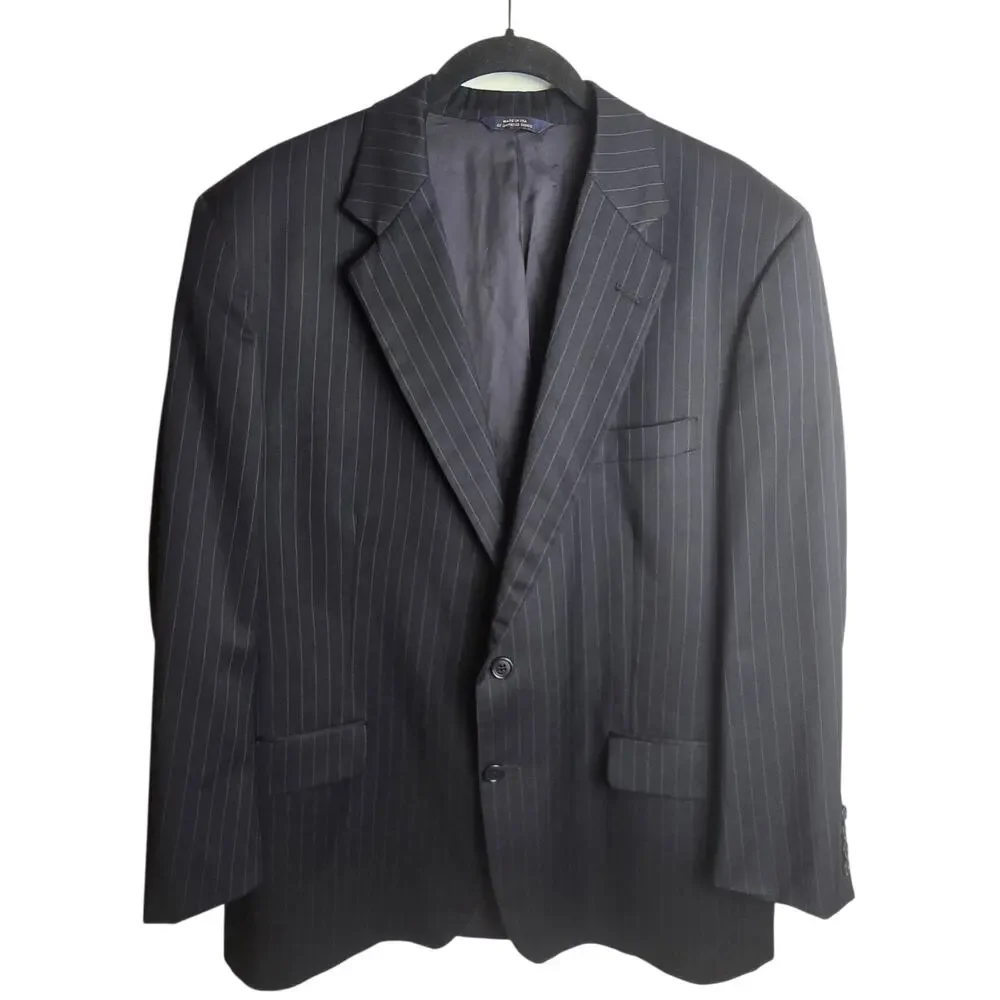 Brooks Brothers Madison Mens 45R Blazer Jacket Black 100% Wool Pinstripe Preppy